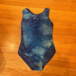 Blue tie dye razor back gymnastics leotard